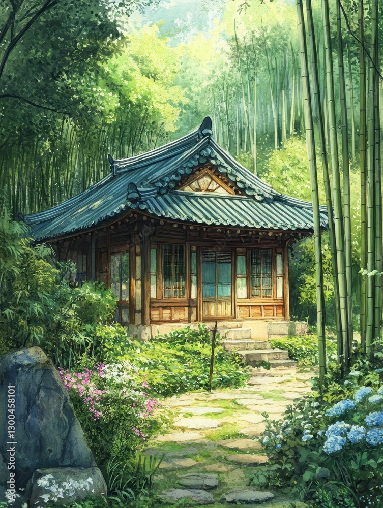 A detailed view of a traditional oriental house in a forest A detailed view of a traditional oriental house in a forest