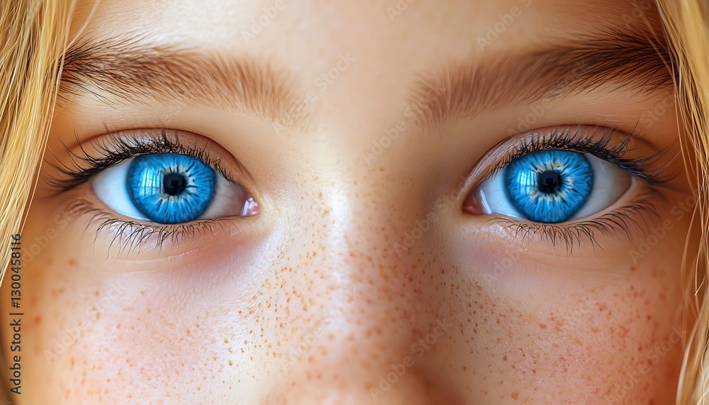 Naklejka premium Blue-eyed girl stares; Macro; Face freckles close