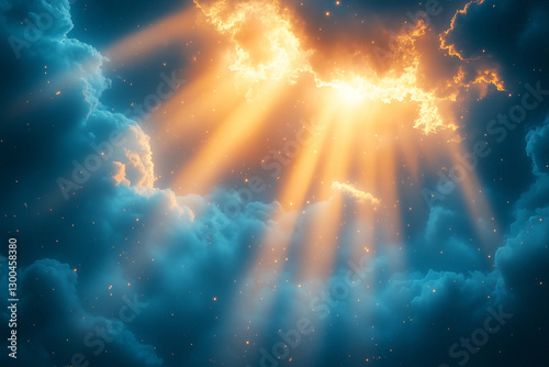 Heavenly light beams shining through an abstract celestial sky, soft cloud textures, divine and ethereal atmosphere, elegant and minimalistic design photo