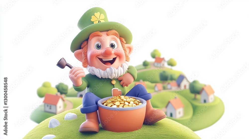 Naklejka premium Mischievous leprechaun enjoys a cheerful day by his pot of gold in a whimsical landscape
