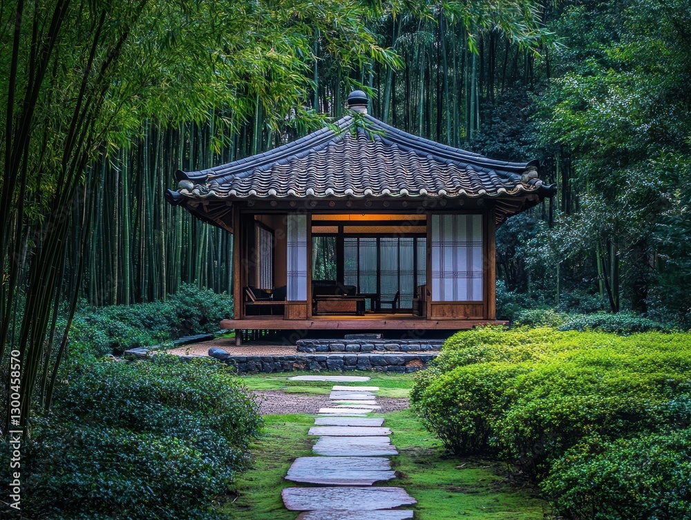 A Japanese style pavilion surrounded by bamboo trees A Japanese style pavilion surrounded by bamboo trees