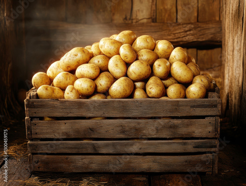 Freshly harvested potatoes stacked in wooden crate