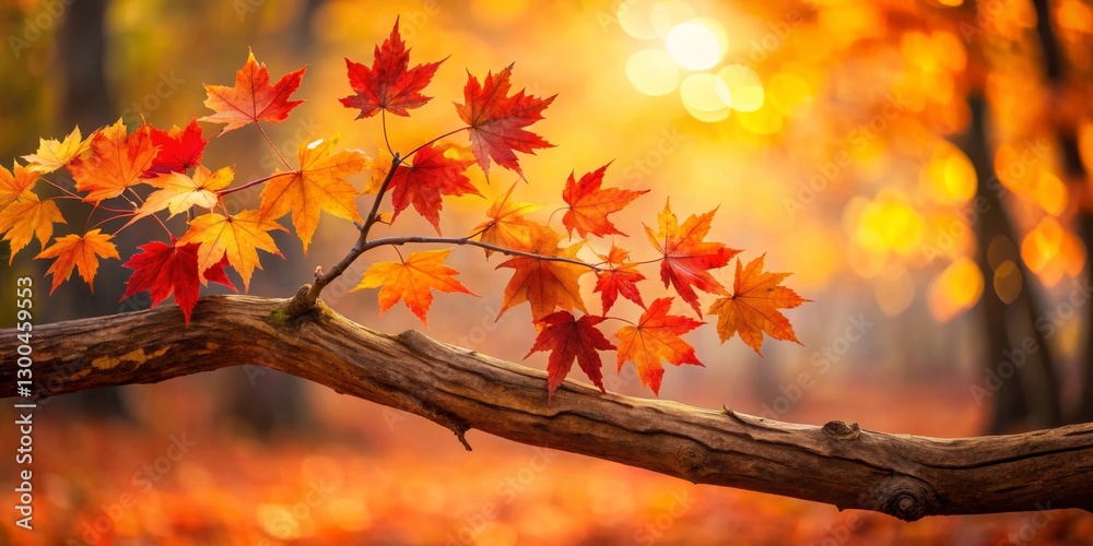 Autumnal Branch with Vibrant Red and Orange Maple Leaves Against a Softly Focused Background of Fall Foliage Autumnal Branch with Vibrant Red and Orange Maple Leaves Against a Softly Focused Background of Fall Foliage