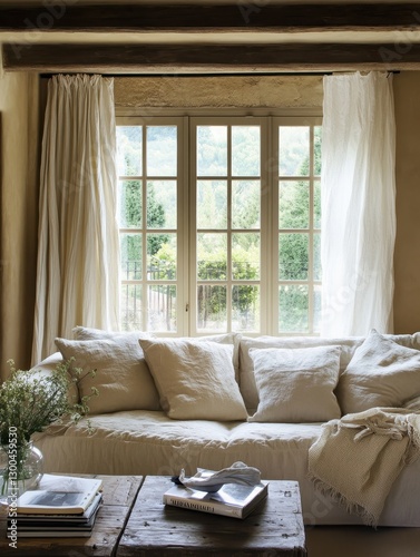 A cozy interior featuring a window and a sofa