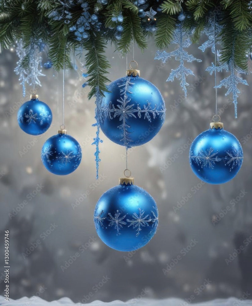 Hanging blue ornaments with glittering snowflakes and icicles, blue, decorations, frosty Hanging blue ornaments with glittering snowflakes and icicles, blue, decorations, frosty