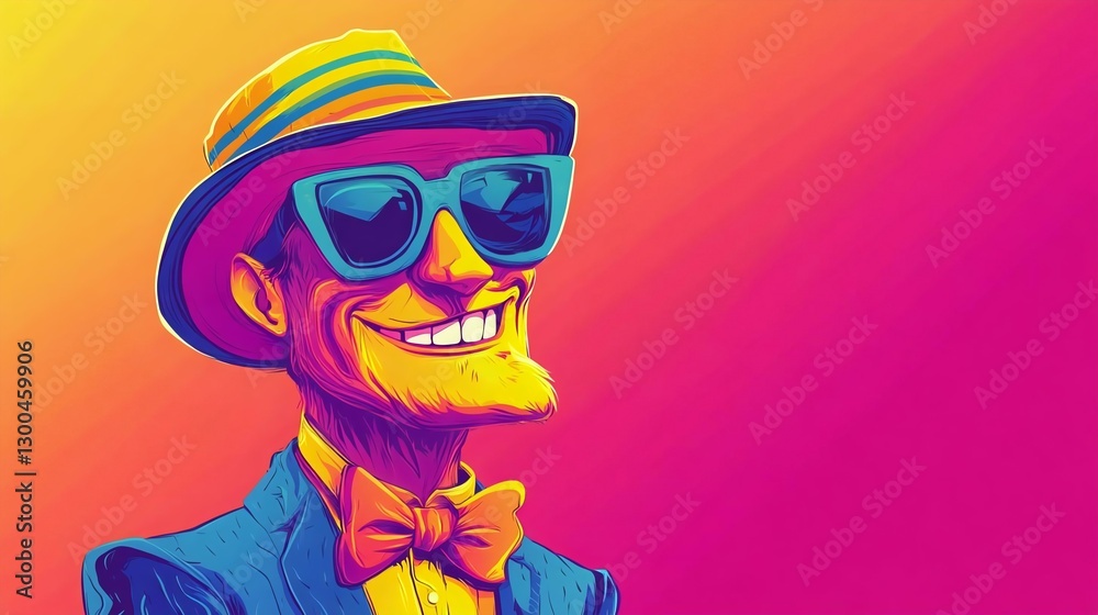 Vibrant and cheerful character portrait with a stylized design, featuring bright colors, stylish sunglasses, and a playful bow tie.