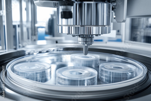 Macro shot showcasing a sealing machine applying a tamp to container lids in a production facility