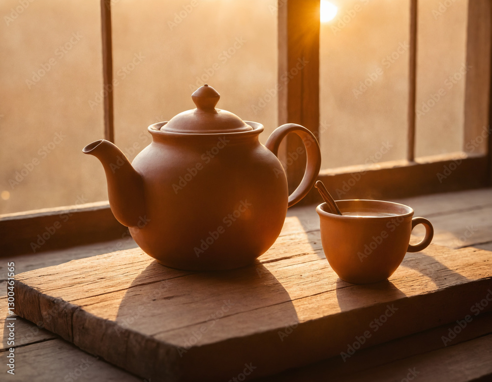 teapot and cup on wooden table generative AI teapot and cup on wooden table generative AI