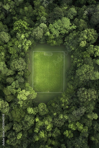 Aerial view of a soccer field surrounded by dense green trees in a tranquil forest setting, sports field nature landscape, outdoor recreation area.