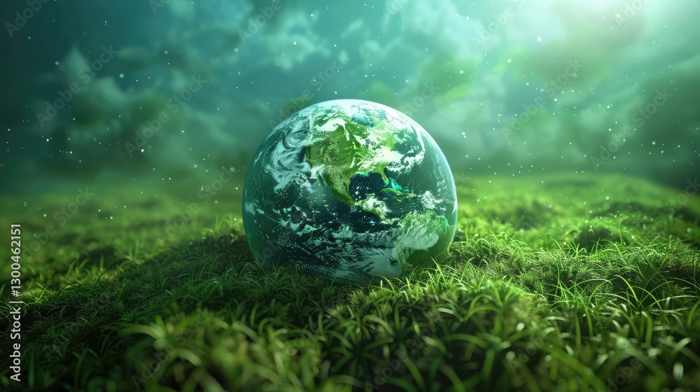 A vibrant globe resting on lush green grass under a dreamy sky, symbolizing environmental harmony and sustainability A vibrant globe resting on lush green grass under a dreamy sky, symbolizing environmental harmony and sustainability