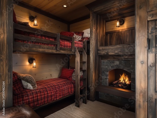 Cozy cabin style bunk bed with fireplace and lanterns