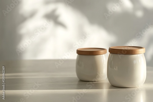 Two small white jars with wooden lids sit on a light surface, illuminated by soft light creating shadow patterns