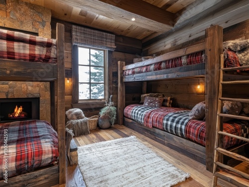Rustic Bedrooms Features Bunk Beds with Wood and Fireplace
