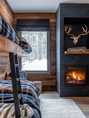 Bedroom featuring a bunk bed with a fireplace and a view
