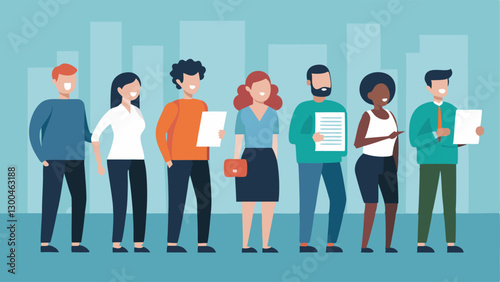 Waving Resumes A of several diverse individuals holding out resumes with hopeful expressions standing together in a line outside a company building.