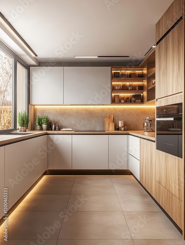 A contemporary modern kitchen with lights inside the room