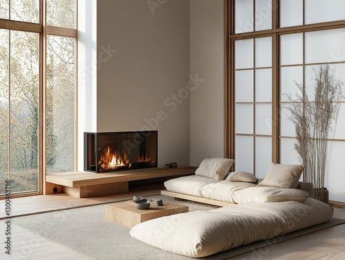 A minimalist living room features a glowing fireplace and sofa