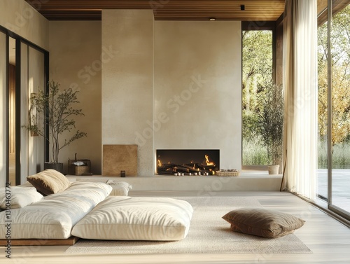 Living room displays minimal minimalist furniture and fireplace