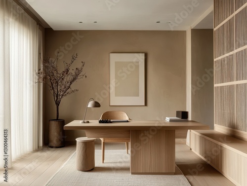 A modern desk and chair in a wooden room