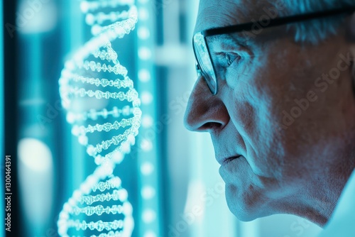 The image shows a scientist in glasses observing a digital display of a DNA helix, suggesting a focus on genetic research or biotechnology. The background has a blue, high-tech ambiance. photo