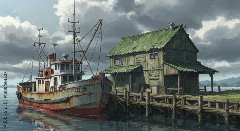 Tranquil Seascape: Fishing Boat Docked at Rustic Pier with Weathered Building Tranquil Seascape: Fishing Boat Docked at Rustic Pier with Weathered Building