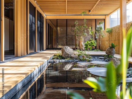The Japanese garden features a water feature with a tranquil pond