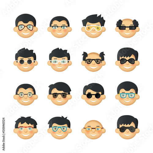 Caucasian men head avatar icon set with eyeglasses and rosy cheeks.