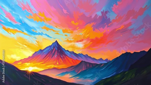 Vibrant mountain landscape at sunset with dramatic clouds in colorful artistic style
