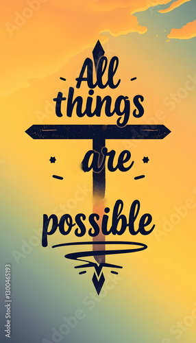 All things are possible design bible verse for Christianity with sunset background, retro style. with white shades