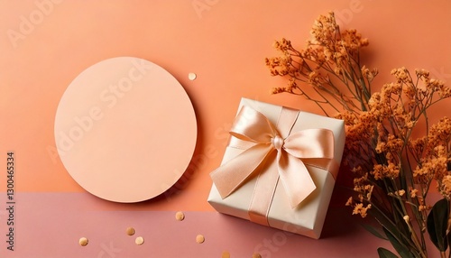Orange flower with gift on a Orange background. Valentine's day and women's day concept. Flat plan, top view, copy space
