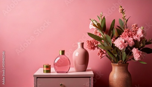 White and pink flower on a light background. Valentine's day and women's day concept. Flat plan, top view, copy space