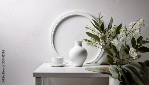 White vase on a white table on a light background. Valentine's day and women's day concept. 