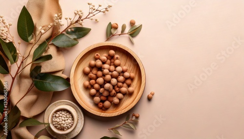 Green Ekibana lies on a beige background. Valentine's day and women's day concept. Flat plan, top view, copy space