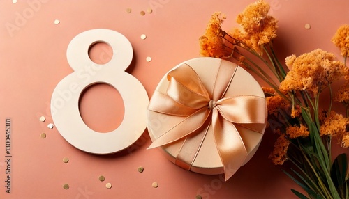 Orange flower on a Orange background. Women's day concept. Flat plan, top view, copy space