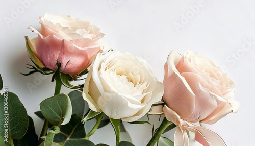 White and pink flower on a light background. Valentine's day and women's day concept. Flat plan, top view, copy space