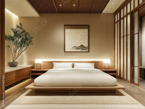 Modern bedroom with natural elements and warm tones