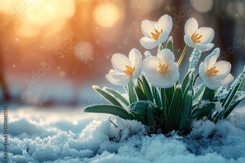 White snowdrops in the snow in spring, a concept for the end of winter and the beginning of spring
