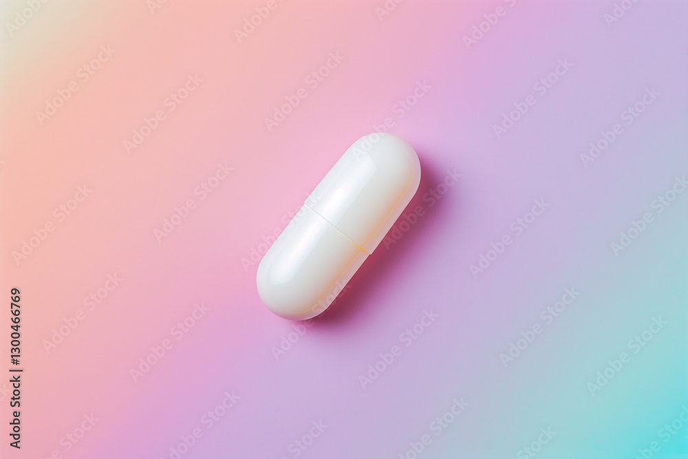 A close-up of a pill capsule on a pastel-colored granite background. Medication. Treatment. A close-up of a pill capsule on a pastel-colored granite background. Medication. Treatment.