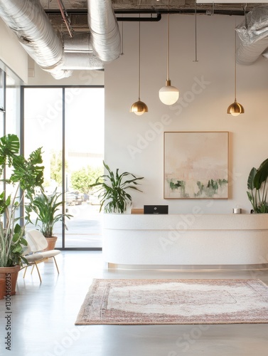 A modern interior reception area with multiple potted plants