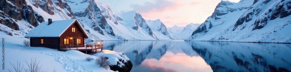 Snow-dusted cabin, fjord reflections, majestic mountains , winter, wilderness, Arctic Snow-dusted cabin, fjord reflections, majestic mountains , winter, wilderness, Arctic