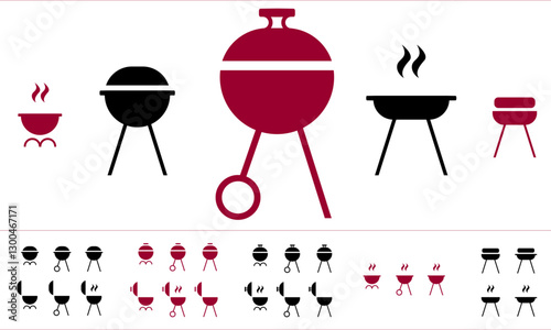 Set of vector icons of outdoor grilling equipment. Barbecues.