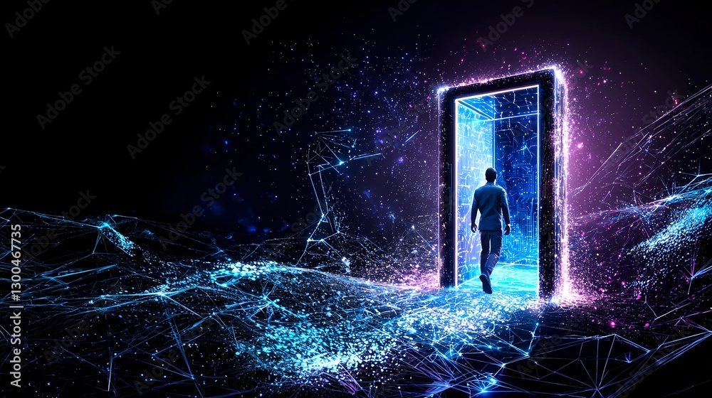 Individual Walking Through a Futuristic Portal with Sparkling Lights Individual Walking Through a Futuristic Portal with Sparkling Lights