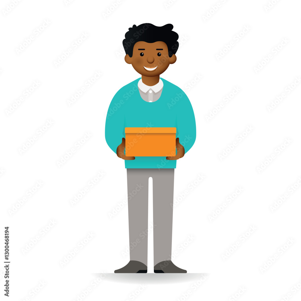 Vector cheeky african man in sweater and pants posing. Standing and holding box. Vector cheeky african man in sweater and pants posing. Standing and holding box.