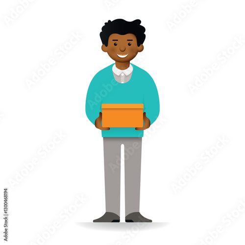 Vector cheeky african man in sweater and pants posing. Standing and holding box.