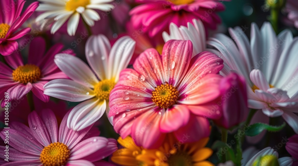 Close-up of Colorful Daisy Flowers with Water Droplets Fresh Spring Bloom Close-up of Colorful Daisy Flowers with Water Droplets Fresh Spring Bloom