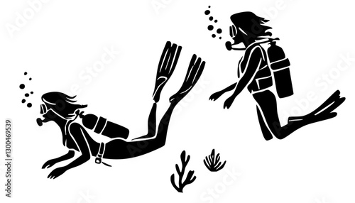 Hand drawn scuba diver silhouette. Flat illustration of snorkeling woman. Person in diving suit and aqualung.