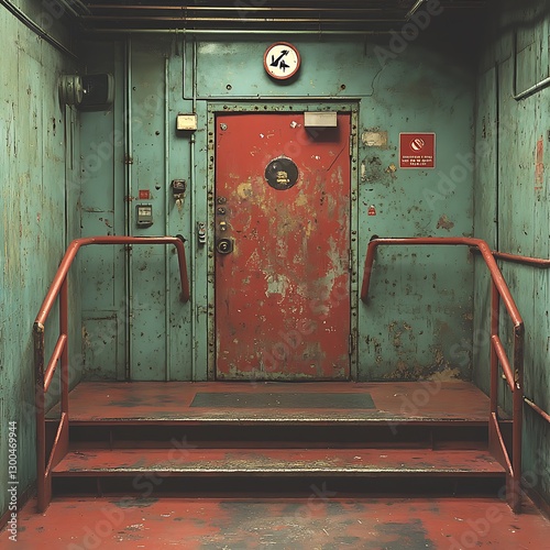 Mysterious Abandoned Facility Rusted Walls Dangerous Restricted Access Warning Photo