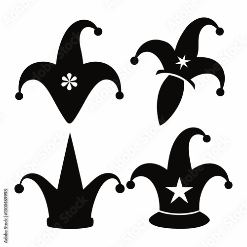 silhouette mardi grass jester hat icon set illustrations