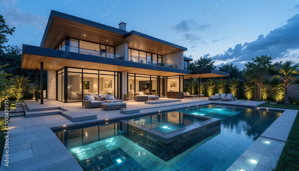 Fototapeta premium Modern architectural home featuring a luxurious pool with outdoor lounge areas at dusk under a cloudy sky and ambient lighting.