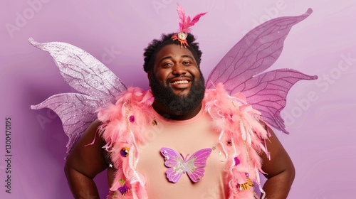 Joyful individual in vibrant fairy costume with wings and accessories, smiling against a pastel purple background